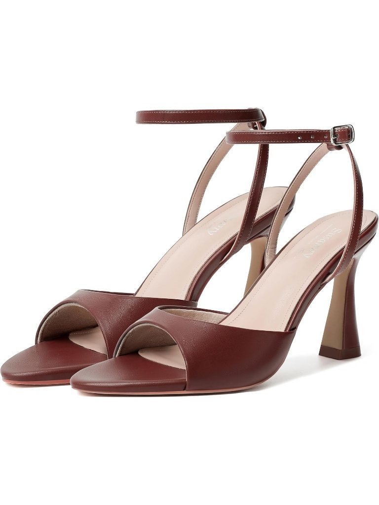 Women's Brown Pointed Open Toe Strappy Chunky Block Stiletto High Heels Shoes